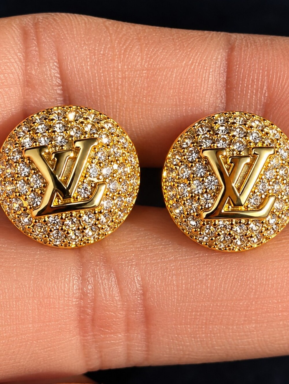 Louis Vuitton Gold Crystal Pavé Logo Disc Stud Earrings